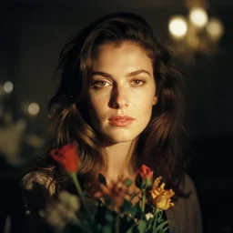 a portrait of a lady, by annie leibovitz, cinematic lighting, atmospheric light, flowers, 5 0 mm f 1. 2, bokeh