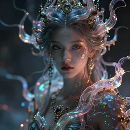 beautiful portrait of the goddess of beauty, fleshy tendrils, a string structure, chaoticferrofluids, occult, octane render, glow, surreal dramatic lighting, intricate fine ornaments, translucent, lighting 8k, cinematic, blur, shallow depth of field, neuro web, plasma