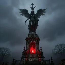 photograph of a victorian memorial, scary, lucifer, red lights, 1 9 1 6, fog, atmospheric
