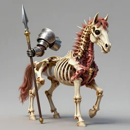A little colorful and vibrant. A spiked detailed horse skeleton with armored joints stands with halberd in hand. Massive shoulderplates. Extremely high details, realistic, fantasy art, solo, masterpiece, bones, ripped flesh, art by Beksiński, Arthur Rackham, Dariusz Zawadzki, Harry Clarke