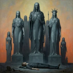 painting of omniscient tall statues of gods towering above a hopeless person, by zdzislaw beksinski, by dariusz zawadzki, by wayne barlowe, gothic, surrealism, cosmic horror, lovecraftian, cold hue's, warm tone gradient background, concept art, beautiful composition