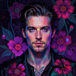 portrait of jared padalecki, hyper detailed masterpiece, neon floral pattern, jean giraud, digital art painting, darkwave goth aesthetic, psychedelic, artgerm, donato giancola and tom bagshaw