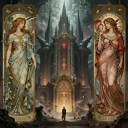 mythological satanic city, by Rolf Armstrong and Evelyn De Morgan and Bastien Lecouffe-Deharme, dramatic lighting, high contrast colors, baroque, empyrean, panoramic view, as trending on Artstation, highly detailed, doom engine,