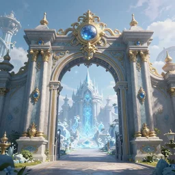 massive ornate gateway set in a dreamy beautiful fantasy landscape. The gateway leads to a frozen realm which is visible through the gateway. Digital art. Very detailed. Trending on artstation.