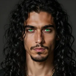 handsome!! hyper realistic man with long black curly hair, tan skin, ( ( ( grassy ) ) ) colored iris ', green eyes!!!, anchor goatee, vampire | art by hirohiko araki & jean giraud & artgerm