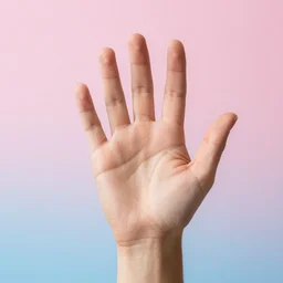 one normal human hand, aesthetic pink and blue background