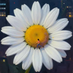 closeup, enormous daisy flower head, woman in modern city, surreal photography, night light, dark, impressionist painting, digital painting, artstation, simon stalenhag