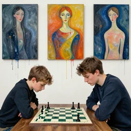 young chess player concentrating by james jean and luc tuymans and vincent lefevre and hernan bas and pat steir and hilma af klint, psychological, dripping paint, high quality render, masterpiece