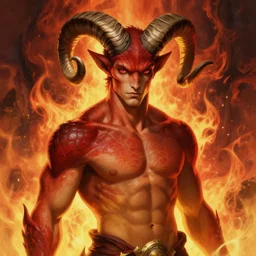 portrait of a beautiful young fit male demon with big ram horns, scaled skin, fiery scene, by greg rutkowski and alphonse mucha, d & d character, gradient red to yellow, in front of a hellish background, highly detailed portrait, digital painting, artstation, concept art, smooth, sharp focus ilustration, artstation hq