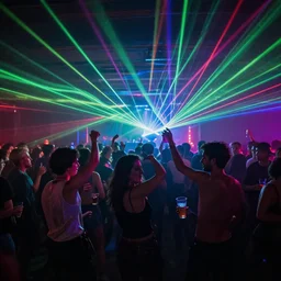 friends dancing at an alternative concert with drinks and lasers, crowd in the back, abstract style