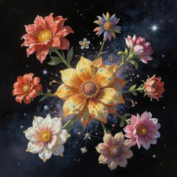 An epic fantastic realism comic book style painting of the most beautiful spinning flowers launched floating into space, tumbling bouquets, nearby star, fisheye, unreal 5, DAZ, hyperrealistic, octane render, dynamic lighting
