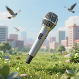 a microphone that is a city floating in the air with birds flying around and a lot of green nature, trending on artstation, photorealistic, unreal engine