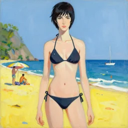 greg manchess painting of tracer wearing a bikini in a beach, medium shot, organic painting, sunny day, bold shapes, hard edges, street art, trending on artstation, by huang guangjian and gil elvgren and sachin teng and artgerm and greg rutkowski and alphonse mucha