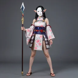 full - bodied portrait, female changeling in rose - patterned eastern light armor, wielding a decorated halberd, barefoot in sandals, wearing noh theatre mask, mischievous, seductive, realistic proportions, reasonable fantasy, colorful and detailed, ghostblade, wlop.