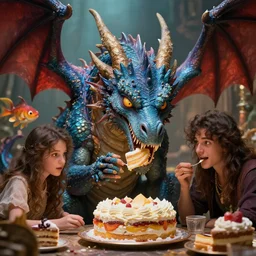 highly detailed closeup portrait of a fairytale dragon eating cakes, unreal engine, nicoletta ceccoli, mark ryden, earl norem, lostfish, hyung tae, frank frazetta, global illumination, detailed and intricate environment
