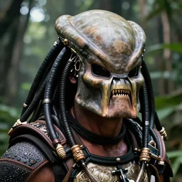 head very realistic!!!! close up arnold schwarzenegger in predator costume , close up detailed movie still from the predator in the jungle