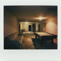 polaroid photograph of a new finished dimly lit basement of a middle class home with a couch and a pool table at night, empty, light from upstairs, warmly lit, massive long twisting hallways, strange architecture, creepy, void, liminal, backrooms