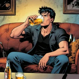 a guy sitting on the sofa drinking many beers, Stray Bullets comic
