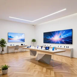 accurate pbr materiality ( ( minimalist neon flagship samsung store, white walls. beautiful oak parquet floor. hanging lights. geometric furniture, large digital screens. display tables with phones and tablets, potted plants ) ) concept art, john berkey, makoto shinkai, yoji shinkawa, artstation, 4 k