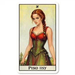 a stunning tarot card of emma watson as poison ivy with hair tied in a braid and wearing a seductive red and green dress, dark eyeliner, purple and green fire, intricate, elegant, highly detailed, digital painting, artstation, concept art, sharp focus, illustration, art by greg rutkowski and alphonse mucha