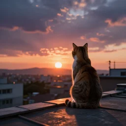 cat on a rooftop looking sunset, back view by fujiko fujio a, detailed