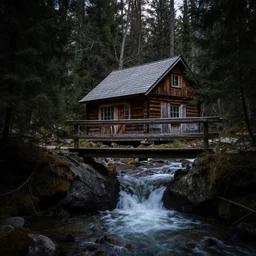 Cabin in Canadian forest, creek, wooden bridge, waterfall, award winning photo, 100mm lens, f2.8, low contrast