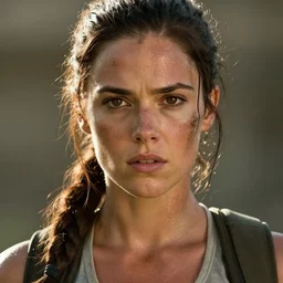 a film still of lara croft as cop, her face muddy and sweat, direct sun light, close up potrait, cinematic,