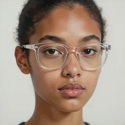 photorealistic painting of a multiracial woman wearing translucent eyeglasses