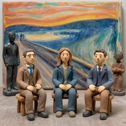 portrait of people seated made out of clay and plastic, 3 d, interior room, edvard munch, obsidian statues, scene from the godfather, crowd of smiles, miles johnston, cynical realism, lucian freud, monet, bruce bickford masterpiece, turquoise and orange and pink, ruan jia