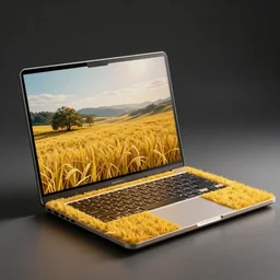 a closed laptop, the surface metal of the laptop is made of yellow grass, an eco - friendly laptop from yellow grass, very realistic concept art