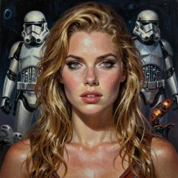A mixed media portrait painting of a very beautiful light-brown-hair / blonde woman on an alien planet, sweat, aesthetic symmetrical face and eyes, piercing gaze, photorealistic, model, wet, starship-troopers, pacific-rim-mech in background, eighties pinup style, by Frank Frazetta, Boris Vallejo, Beeple, Greg Rutkowski, Christian MacNevin, epic fantasy character art, full length, high fantasy, CGsociety, exquisite detail, post-processing, masterpiece, cinematic