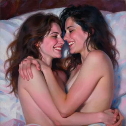 realistic closeup painting showing olivia munn and woman journalist alex wagner happily entwined in a hotel bed, dramatic pink and blue lighting, sultry, sensual, moebius, elvgren, wlop, manara, mucha, loish, vargas, artgerm