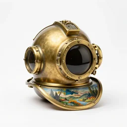 hand-painted brass diving helmet, professional product shot, isolated on a pure white background, centered, entire object in frame, sharp focus, soft studio lighting