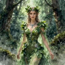 heavenly beautiful elven queen with a leaf crown, hints of silver jewelry, overgrown, full body, forest background, elegant, intricate detail, dramatic lighting, mist, green aura, 8k watercolor,