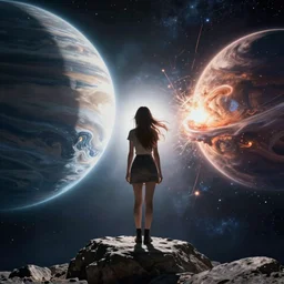 A beautiful woman with long, flowy hair standing on a rock, witnessing two planets colliding in space. trending on artstation, artstation futurism, artstation photography, subsurface scattering, bottom view, 4k, 8k