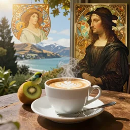 having flat white coffee with a kiwi bird in the sunshine while on holiday in christchurch, new zealand. high quality fantasy digital art in the style of alphonse mucha and leonardo da vinci. dramatic lighting. beautiful. 4 k. wallpaper.