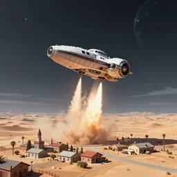 a single spaceship taking off seen from the surface of a small town on a desert planet, star wars, digital art, trending on art station, in the art style of vincent van gogh starry night