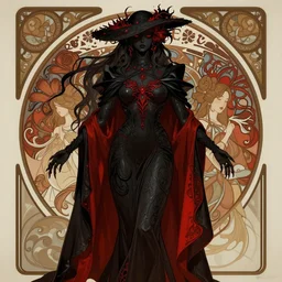 a matte painting of a beautiful black red, dark fantasy, in the style of artgerm and alphonse mucha, concept art, ntricate, elegant, highly detailed, digital painting, trending on artstation, sharp focus, illustration