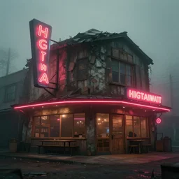highway restaurant with rustic architecture. neon sign. led sign. cyberpunk style. apocalyptic style. photo. photorealistic. nebulous. fog.