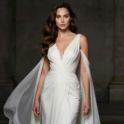 a stunning portrait of Gal Gadot wearing a divine white dress, fantasy art by Frank Frazetta and Boris Vallejo, highly detailed, trending on artstationhq