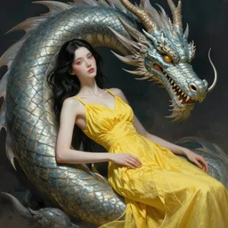 detailed character illustration of a thin pale woman in a yellow dress with black hair resting against an enormous dragon head, trending on artstation, digital art ( by jesper ejsing ) ( by clint cearley ) ( by raluca marinescu )