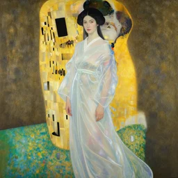 painting of a viking woman in flowing translucent kimono by james jean, yukio - e, klimt