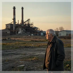 a sad solitary old man looks on as in the evening sunlight as in the distance a factory he used to work in is destroyed, in the style of andreas achenbach
