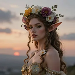 photot of burlesque elf, flowers in hair, fantasy character portrait, soft clouds, floral sunset, ultra realistic, concept art, intricate details, art nouveau, cinematic, highly detailed
