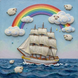 3d high relief painting of sea like jelly,Rainbow clouds like sheeps floating lightly in the air, Sailing ship,dreamy, soft , highly detailed,  expressive impressionist style,in the style of Yuri Anatolyevich Obukhovskiy