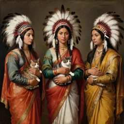 renaissance paintings of 3 indian women wearing sari with native american indian feather bonnets and holding cat