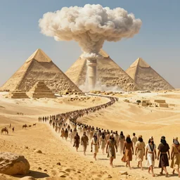 Matte painting of Exodus from Egypt. Large crowds of people in Biblical outfits walking in the desert. Pyramids behind. Large pillar of cloud leading the way, detailed digital art trending in artstation