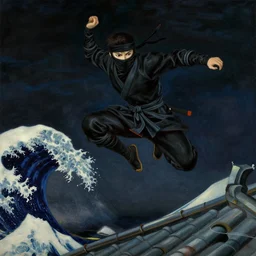 a ninja jumping from the roof at night by joaquin sorolla, syd mead, hokusai