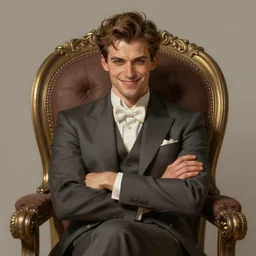 a noble man smirking with flirty eyes. crossed arms, sitting in his chair. intricate, elegant, highly detailed, digital painting, artstation, concept art, sharp focus, illustration, by justin gerard and artgerm, 8 k