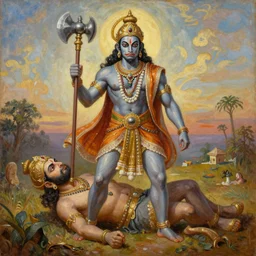 a painting of bhima holding a mace and standing over slain duryodhan, mahabharat, an oil on canvas painting by ram chandra shukla, artstation, samikshavad, detailed painting, epic, oil on canvas
